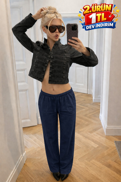 DAMGA JEANS Women's Trendy Low Waist Loose Navy Blue Linen Trousers