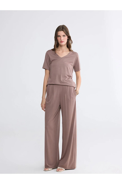 LC Waikiki Καφέ γυναικείο παντελόνι με ελαστική μέση και φαρδύ πόδι