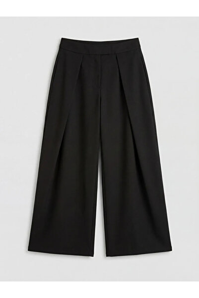 LC Waikiki Μαύρο υφασμάτινο γυναικείο παντελόνι με ψηλή μέση και φαρδιά μπατζ...