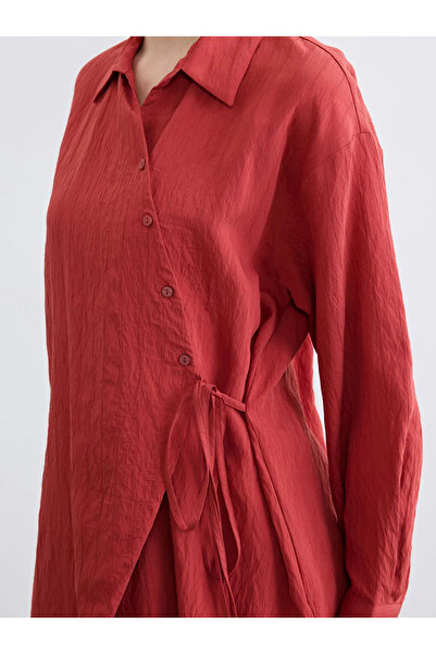 LC Waikiki Κόκκινο γυναικείο πουκάμισο τουνίκ με λεπτομέρεια από κορδόνια