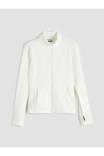 LC Waikiki Λευκό γυναικείο φούτερ με φερμουάρ με ψηλός λαιμός δάχτυλα