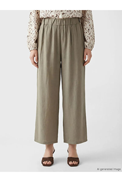 LC Waikiki Χακί γυναικείο παντελόνι από σατέν ύφασμα με ελαστική μέση