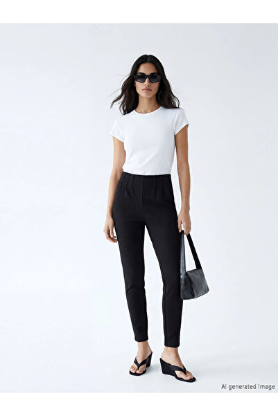 LC Waikiki Μαύρο ψηλόμεσο γυναικείο κολάν παντελόνι Με πιέτες