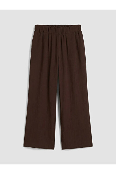 LC Waikiki Καφέ Γυναικείο Παντελόνι από Σατέν με Ελαστική Μέση και Υφή