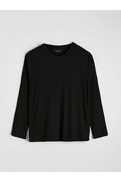 LC Waikiki Μαύρο γυναικείο τοπ πιτζάμας με κουμπωτά μανίκια και πλαϊνά, που φ...