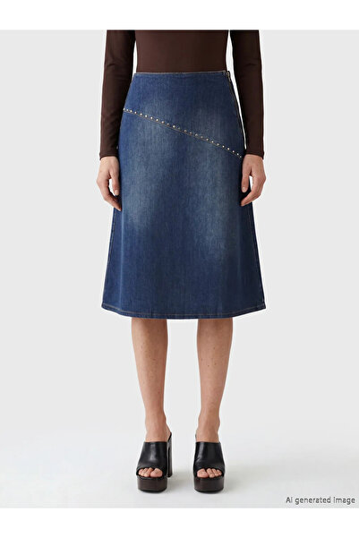 LC Waikiki Μπλε ναυτικό τζιν φούστα σε γραμμή Α με φερμουάρ στη μέση και πέτρ...