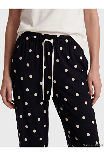 LC Waikiki Μαύρο ελαστικό παντελόνι πιτζάμας με πουά για γυναίκες