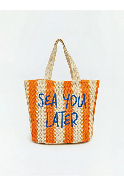 LC Waikiki Πορτοκαλί ψάθινη γυναικεία τσάντα παραλίας