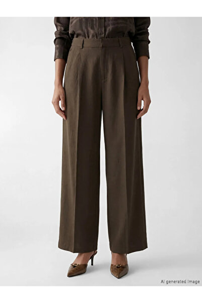 LC Waikiki Χακί ψηλόμεσο γυναικείο υφασμάτινο παντελόνι με φαρδιά μπατζάκια Μ...