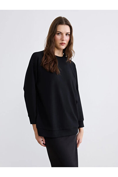 LC Waikiki Μαύρο γυναικείο φούτερ με λαιμόκοψη με πέτρα