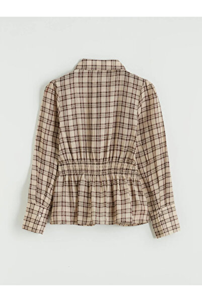 LC Waikiki Γυναικείο πουκάμισο μπορντό καρό με κορδόνι περίσφιξης και υφή γκοφρέ