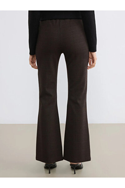 LC Waikiki Καφέ ψηλόμεσο καρό γυναικείο παντελόνι ισπανικού τύπου