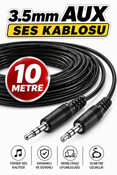 nelerbulurum 10 Metre 3.5mm AUX Kablo Erkek Erkek Stereo Ses Kablosu – Telefo...
