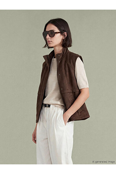 LC Waikiki Καφέ ψηλός λαιμός oversized Γυναίκες Όψη σουέτ Γιλέκο