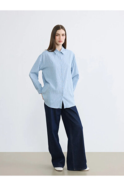 LC Waikiki Μπλε ριγέ γυναικείο πουκάμισο τουνίκ