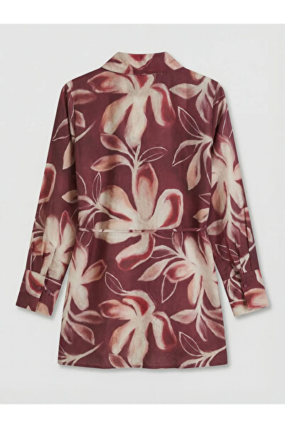 LC Waikiki Γυναικείο πουκάμισο τουνίκ σε μπορντό χρώμα με φλοράλ σχέδιο και ζώνη