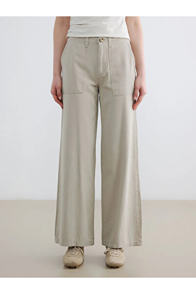 LC Waikiki Χακί ψηλόμεσο γυναικείο τζιν παντελόνι με φαρδιά μπατζάκια