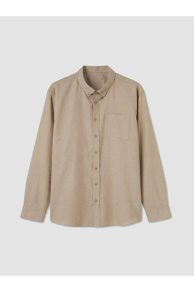 LC Waikiki Ανδρικό πουκάμισο Oxford σε μπεζ χρώμα κανονικής εφαρμογής