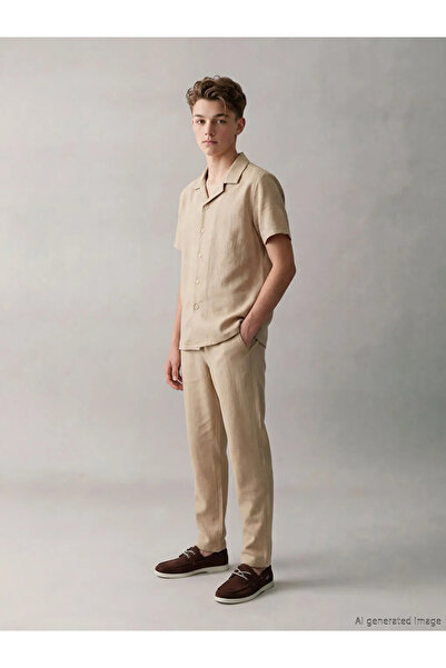 LC Waikiki Beige Short Sleeve Boys' Shirt and Pants