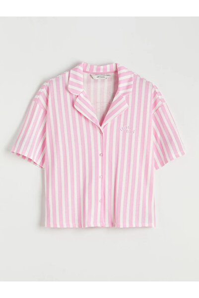 LC Waikiki Ροζ πουκάμισο με γιακά και ρίγες, γυναικεία πιτζάμα τοπ