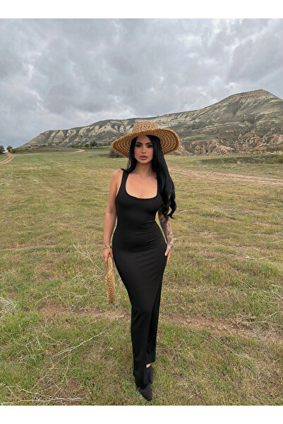 kırmızı butiks Μαύρο φόρεμα μάξι με χιαστί πλάτη