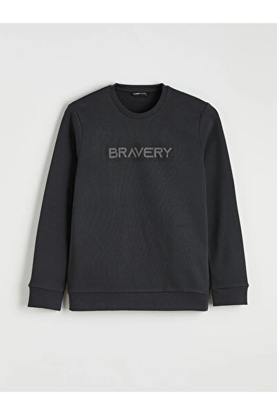 LC Waikiki Anthracite Crew Neck Printed Men's Thick Sweatshirt