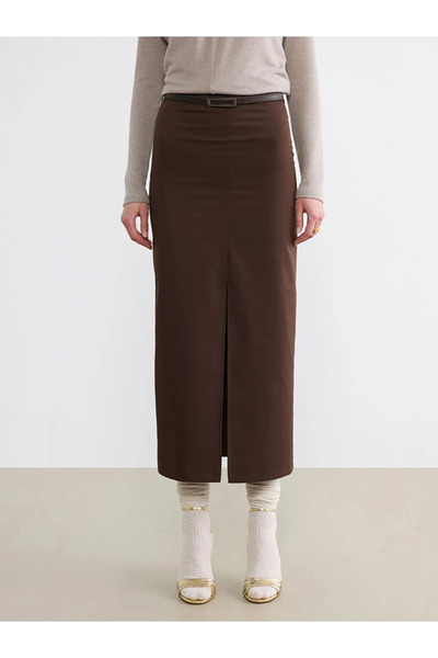 LC Waikiki Καφέ φούστα με φερμουάρ στη μέση και σκίσιμο στη μέση