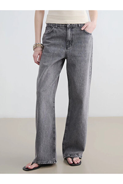 LC Waikiki Γκρι ψηλόμεσο γυναικείο τζιν παντελόνι με φαρδιά μπατζάκια