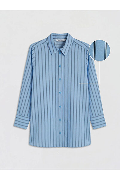 LC Waikiki Μπλε ριγέ oversized γυναικείο πουκάμισο τουνίκ