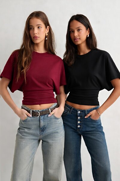 Cockatoo QLAY Γυναικεία μπλούζα βισκόζης με φαρδιά μανίκια σε μπορντό και μαύ...