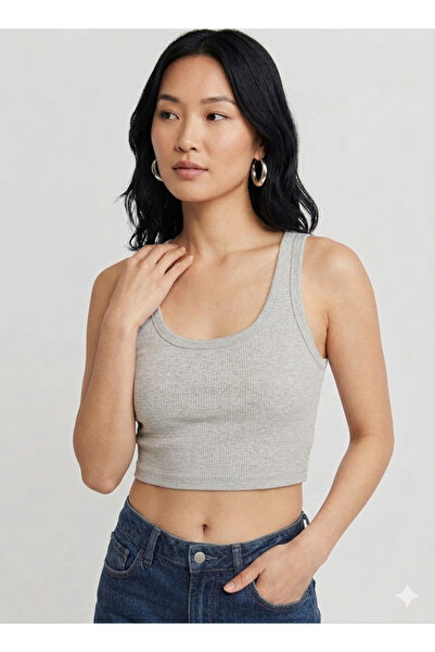 TNR SPORT Women's Ribbed Look Thick Strap Basic Gray Blouse Undershirt
