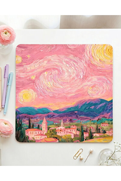matizya Pembe Yıldızlı Gece Mousepad | Sanatsal Soyut Gökyüzü Tasarım Masa Pe...
