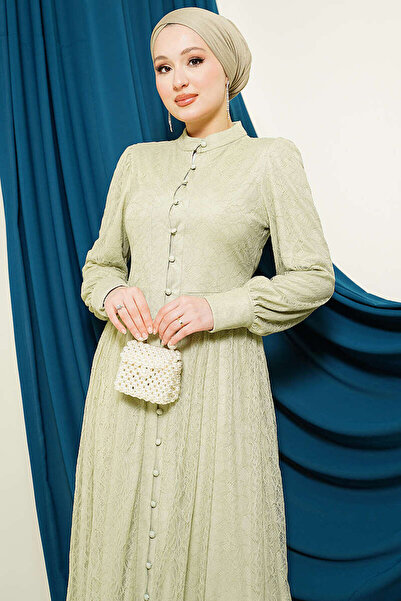 Lavanta Tekstil Βρετανικό βραδινό φόρεμα με δαντέλα και κουμπιά