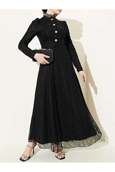 Lavanta Tekstil Βραδινό φόρεμα με δαντέλα και μισό κουμπί στον ώμο