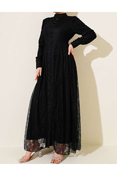 Lavanta Tekstil Βρετανικό βραδινό φόρεμα με δαντέλα και κουμπιά