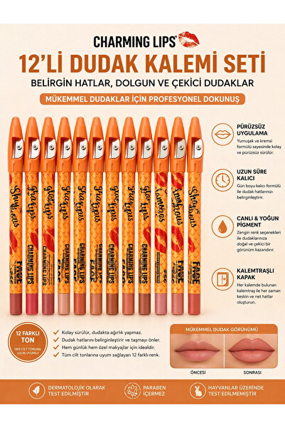 Arenist Charming Lips 12’li Dudak Kalemi Seti – Uzun Süre Kalıcı, Yoğun Pigme...