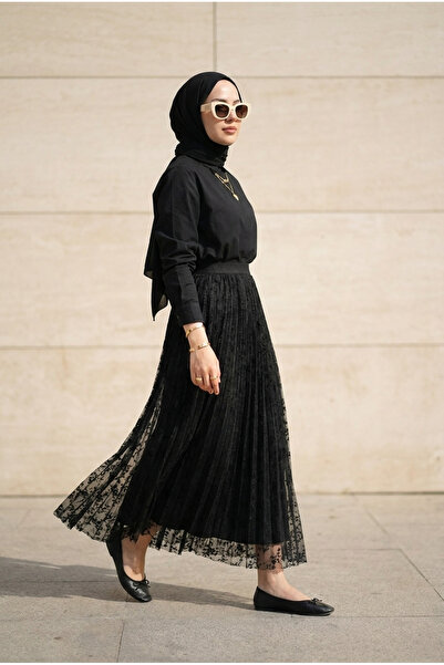 Kirazca Butik Women's Stylish Pleated Skirt – Lace Embroidered Lined Skirt