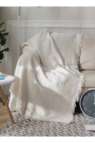 Bayt Aura Cream Wool Knitted Blanket with Tassels Soft and Cozy Throw for Sof...