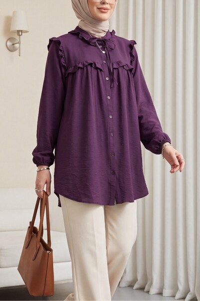 Modamorfo Πουκάμισο Cupra με δεμένο γιακά, ελαστικά μανίκια και βολάν - μωβ