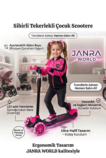 JANRA WORLD 3 Tekerlekli Çocuk Scooter LED Işıklı Ayarlanabilir Gidonlu Kayma...