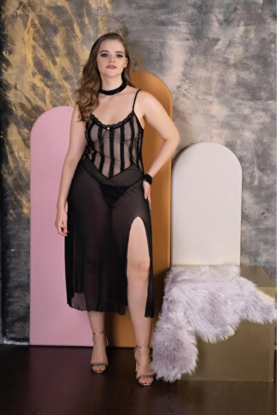 Viselya Lace Detailed Long Plus Size Nightgown