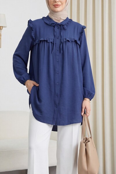 Modamorfo Cupra Shirt with Tie Collar and Elastic Sleeves with Ruffles -Indigo