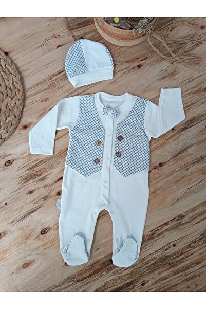 Generic Brand 0-3 3-6 6-9 Months Hat Vest Detailed Halter Baby Boy Jumpsuit Ecru