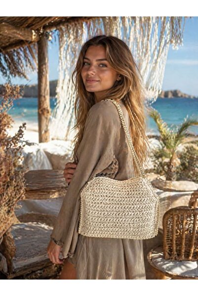 FELLMENS Μπεζ Χειροποίητη Πλεκτή Ψάθινη Γυναικεία Τσάντα με Λουράκι Αλυσίδας ...