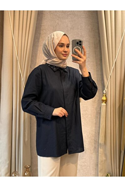 Mimoza Butik Wennora 1041 Keten Gömlek Lacivert