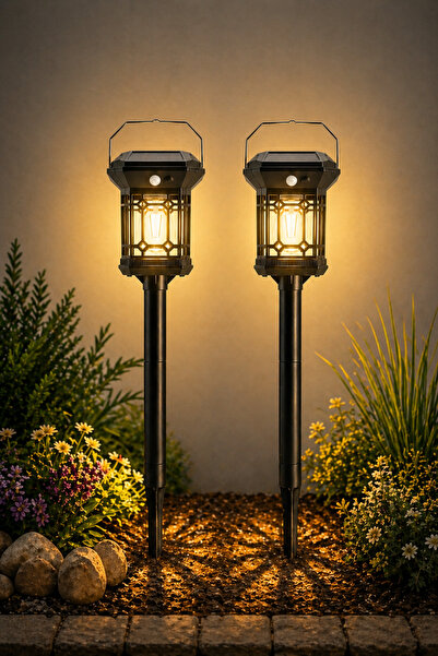 2 led Garden Lamps with Solar Motion Sensor, 55 CM Floor Lighting, 3000K Yellow Daylight, 360 degree Light Distribution, Outdoor Lamp with PIR Sensor, Garden Path Landscape Terrace, Balcony Decoration