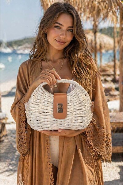 FELLMENS Μπεζ Χειροποίητη Πλεκτή Ψάθινη Γυναικεία Τσάντα – 27x22 εκ.