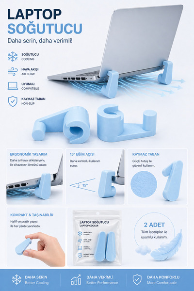 edoy Laptop Soğutucu Stand 2 Adet – Ergonomik Tasarım Kaymaz Taban Taşınabilir Yükseltici