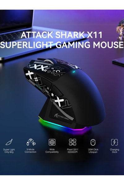 Attack Shark ماوس ألعاب لاسلكي خفيف الوزن X11 مع قاعدة شحن RGB، ثلاثي الأوضاع - 2.4G/USB-C سلكي/بلوتوث، 22 ألف نقطة في البوصة، مستشعر بصري PAW3311، مفتاح HUYU، 5 أزرار قابلة للبرمجة لأجهزة الكمبيوتر/ماك (أسود وملصق)