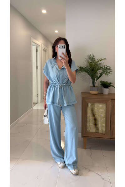 BİRCANÇİL Wilas Μπλε Κοντομάνικο Τζιν Σετ με Λεπτομέρεια Δεσίματος